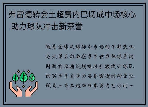 弗雷德转会土超费内巴切成中场核心 助力球队冲击新荣誉